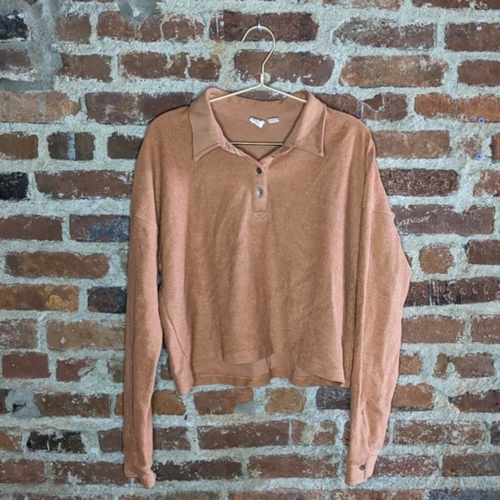 ROXY Medium Muted Orange‎ Cropped Long Sleeve Terry Cloth Polo Shirt